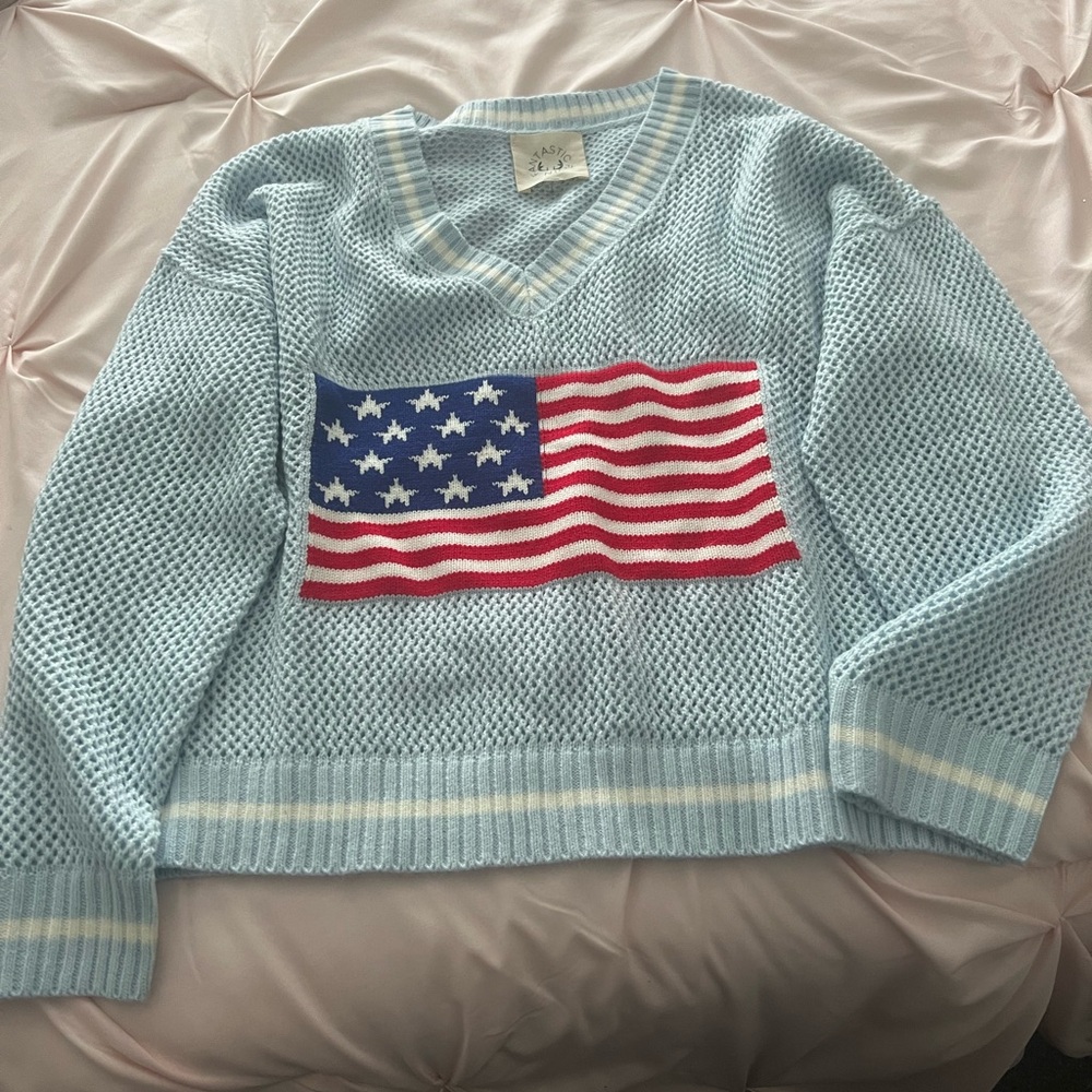 Fantastic Fawn Light Blue V-Neck Sweater with Flag Design